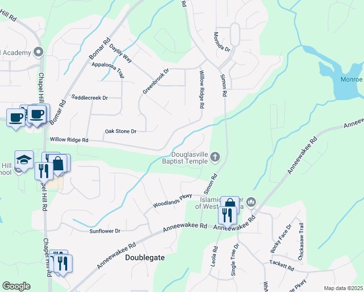 map of restaurants, bars, coffee shops, grocery stores, and more near 4818 Corrol Bell Court in Douglasville