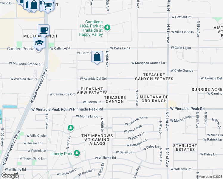 map of restaurants, bars, coffee shops, grocery stores, and more near 23322 North 94th Lane in Peoria