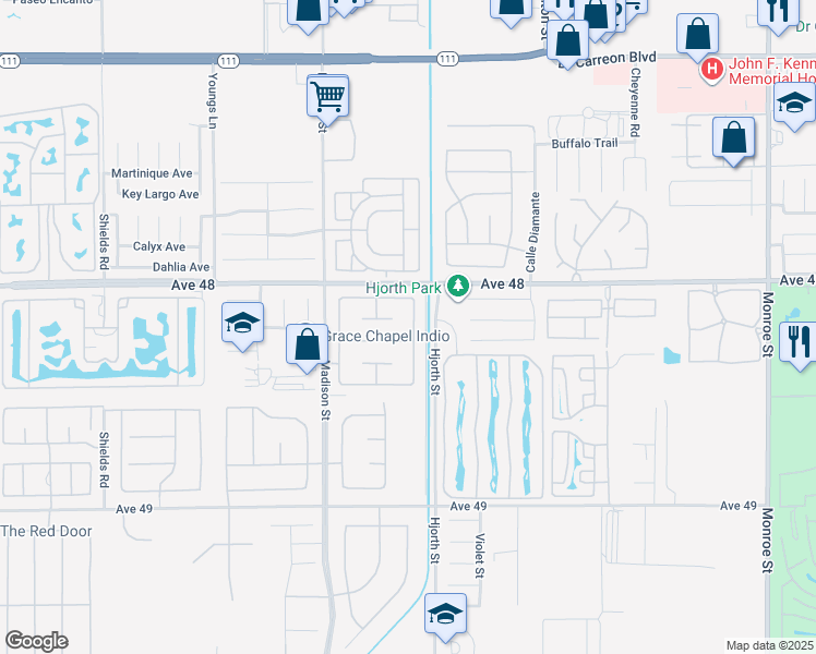 map of restaurants, bars, coffee shops, grocery stores, and more near 81172 Portola Circle in Indio