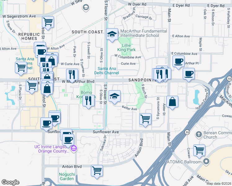map of restaurants, bars, coffee shops, grocery stores, and more near 3626 South Garnsey Street in Santa Ana