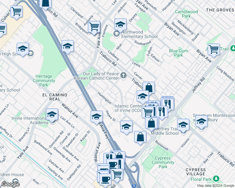 map of restaurants, bars, coffee shops, grocery stores, and more near 74 Remington in Irvine