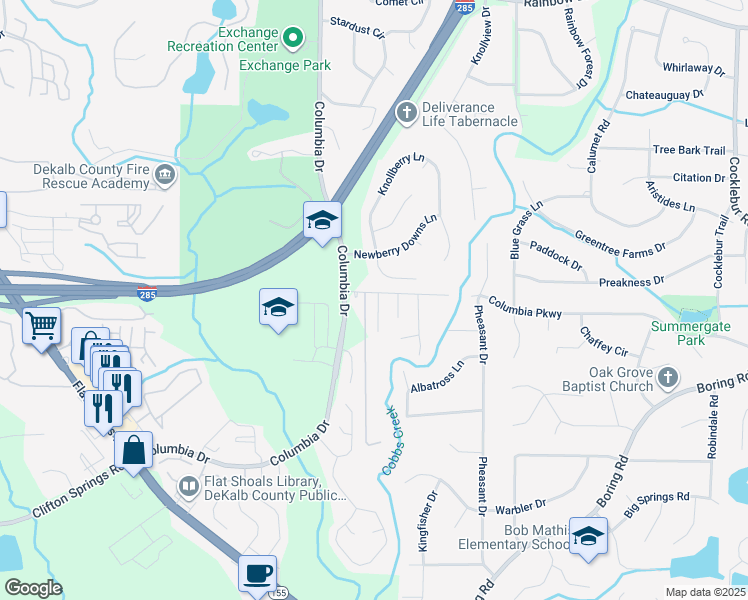 map of restaurants, bars, coffee shops, grocery stores, and more near 2977 Cascade Manor Drive in Decatur