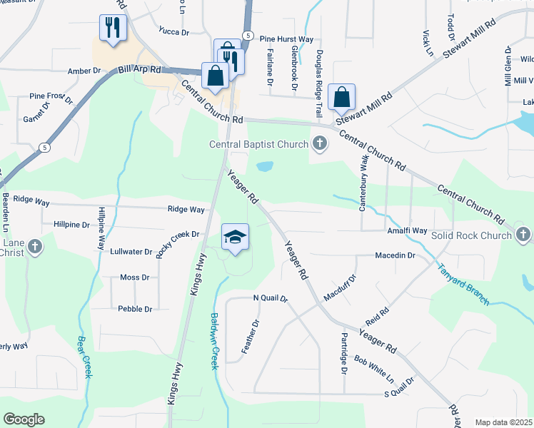 map of restaurants, bars, coffee shops, grocery stores, and more near Yeager Road in Douglasville