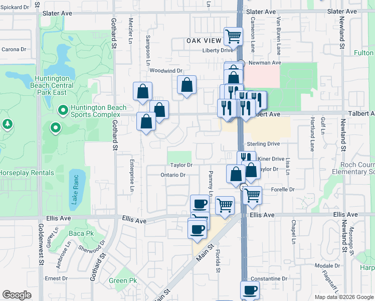 map of restaurants, bars, coffee shops, grocery stores, and more near 18145 Alice Lane in Huntington Beach