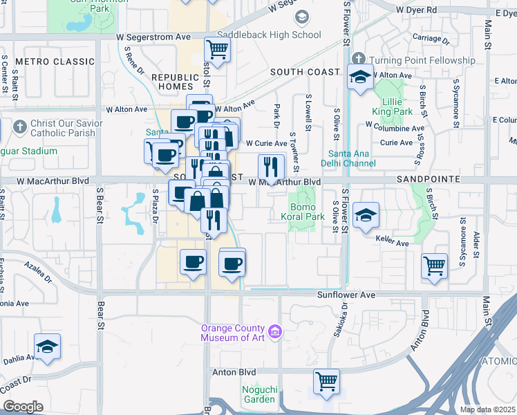 map of restaurants, bars, coffee shops, grocery stores, and more near 1098 Orion Avenue in Santa Ana