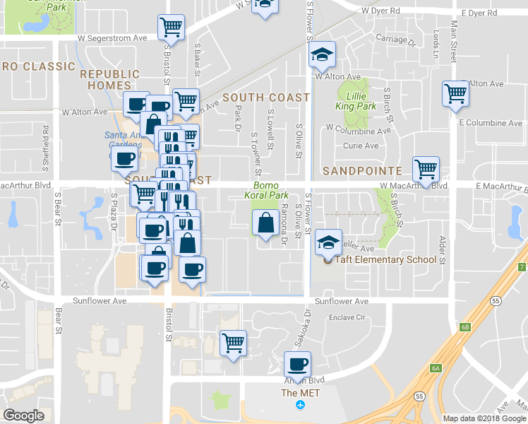 map of restaurants, bars, coffee shops, grocery stores, and more near 950 West MacArthur Boulevard in Santa Ana