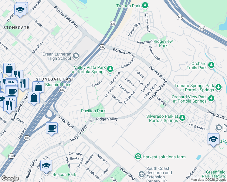 map of restaurants, bars, coffee shops, grocery stores, and more near 138 Compass in Irvine