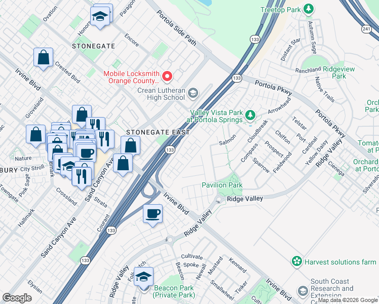 map of restaurants, bars, coffee shops, grocery stores, and more near 118 Neptune in Irvine