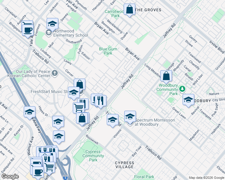 map of restaurants, bars, coffee shops, grocery stores, and more near 61 Crabapple in Irvine