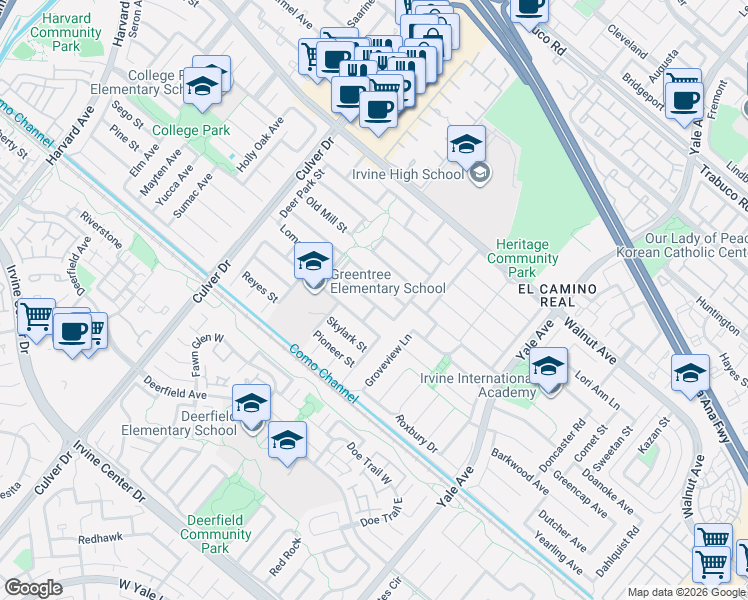 map of restaurants, bars, coffee shops, grocery stores, and more near 4322 Margarita Street in Irvine