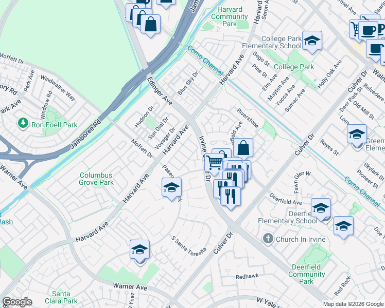 map of restaurants, bars, coffee shops, grocery stores, and more near 500 Santa Maria in Irvine