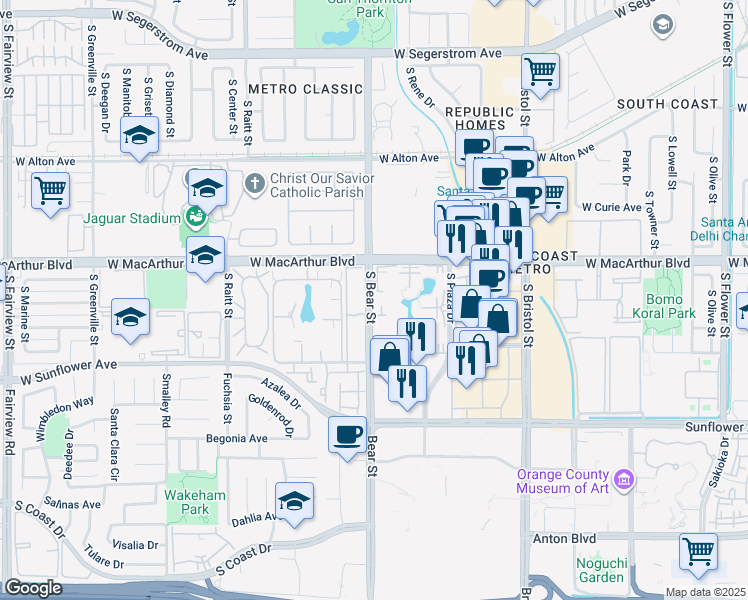 map of restaurants, bars, coffee shops, grocery stores, and more near 3640 South Bear Street in Santa Ana