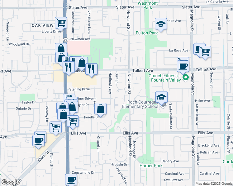 map of restaurants, bars, coffee shops, grocery stores, and more near 18132 Hartlund Lane in Huntington Beach