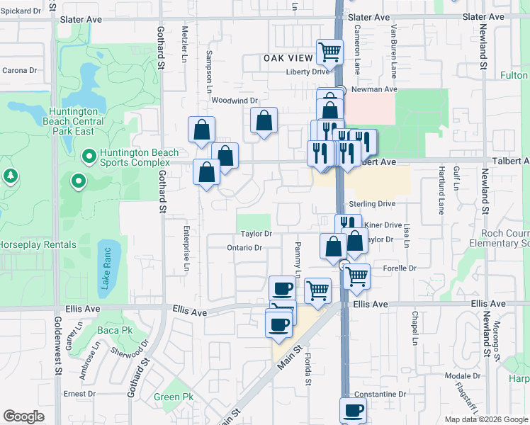 map of restaurants, bars, coffee shops, grocery stores, and more near 18145 Alice Lane in Huntington Beach