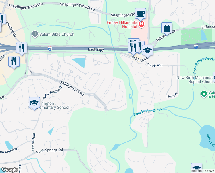 map of restaurants, bars, coffee shops, grocery stores, and more near 6101 Fairington Ridge Circle in Stonecrest
