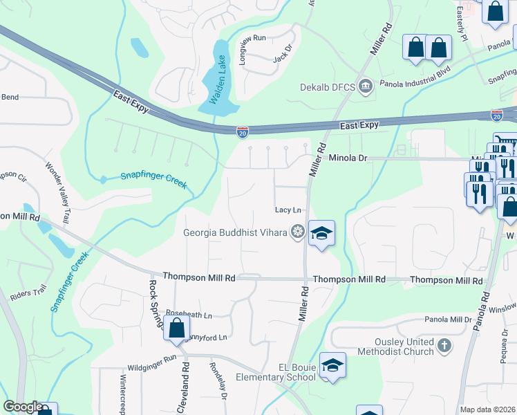 map of restaurants, bars, coffee shops, grocery stores, and more near 2935 Lacy Lane in Stonecrest