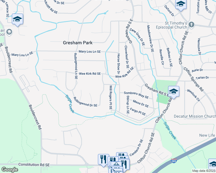 map of restaurants, bars, coffee shops, grocery stores, and more near 3001 Will Rogers Place Southeast in Atlanta
