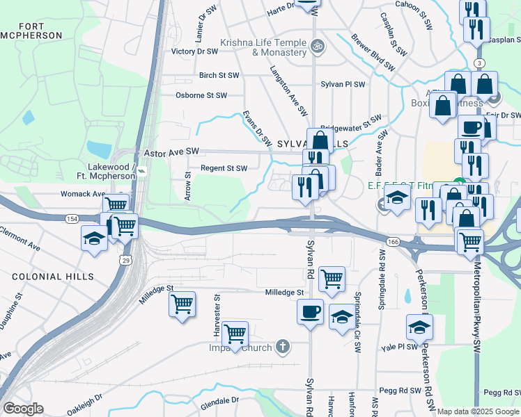 map of restaurants, bars, coffee shops, grocery stores, and more near 987 Estes Drive Southwest in Atlanta