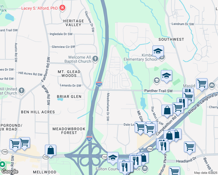 map of restaurants, bars, coffee shops, grocery stores, and more near 3503 Parc Circle Southwest in Atlanta
