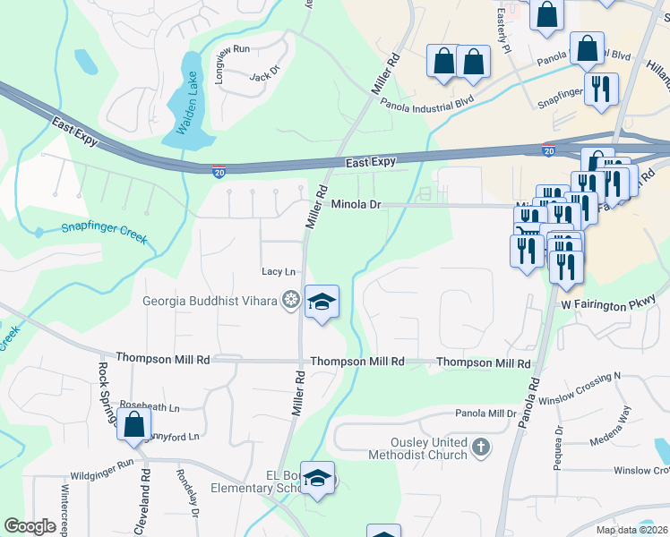 map of restaurants, bars, coffee shops, grocery stores, and more near 3092 Miller Road in Stonecrest