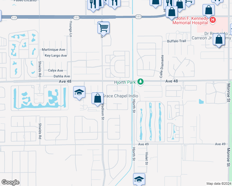 map of restaurants, bars, coffee shops, grocery stores, and more near 81107 Portola Circle in Indio