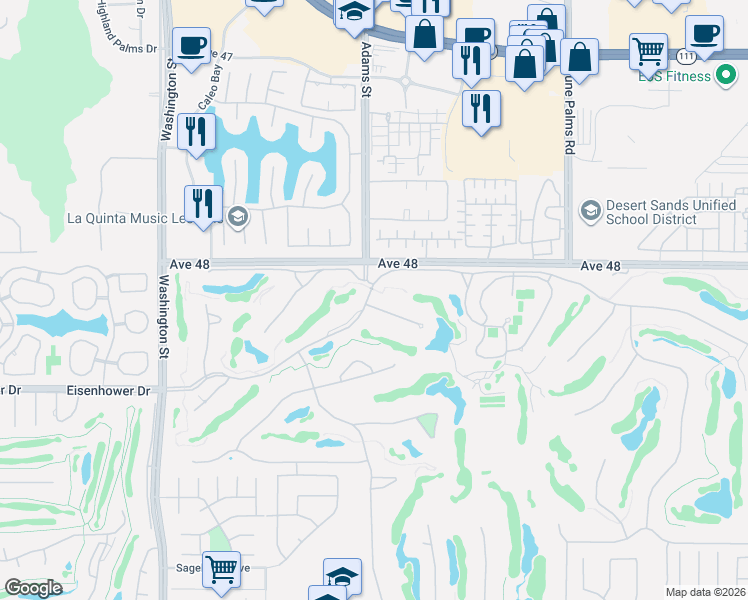 map of restaurants, bars, coffee shops, grocery stores, and more near 79005 Vía San Clara in La Quinta