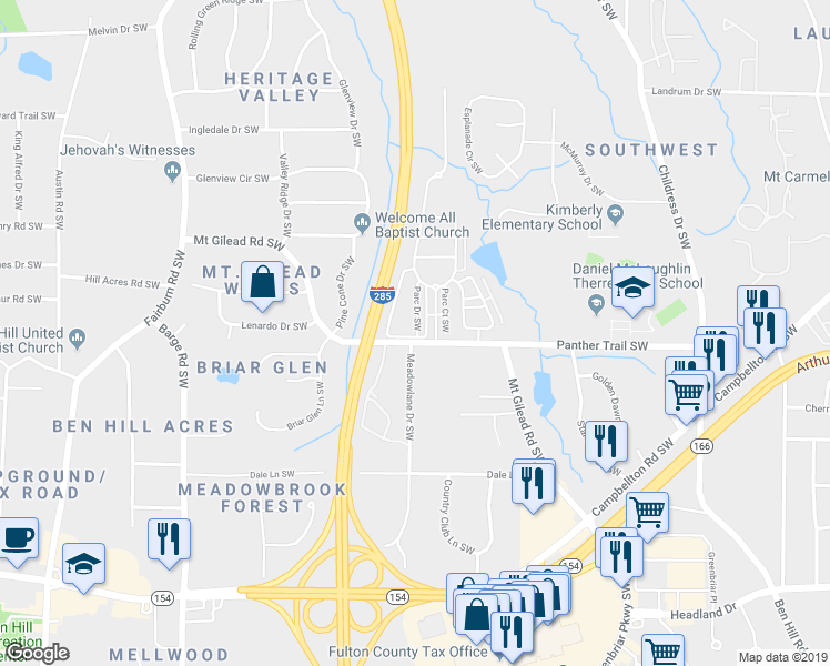 map of restaurants, bars, coffee shops, grocery stores, and more near 3503 Parc Circle Southwest in Atlanta