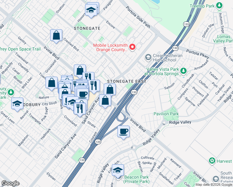 map of restaurants, bars, coffee shops, grocery stores, and more near 38 Flowerstalk in Irvine
