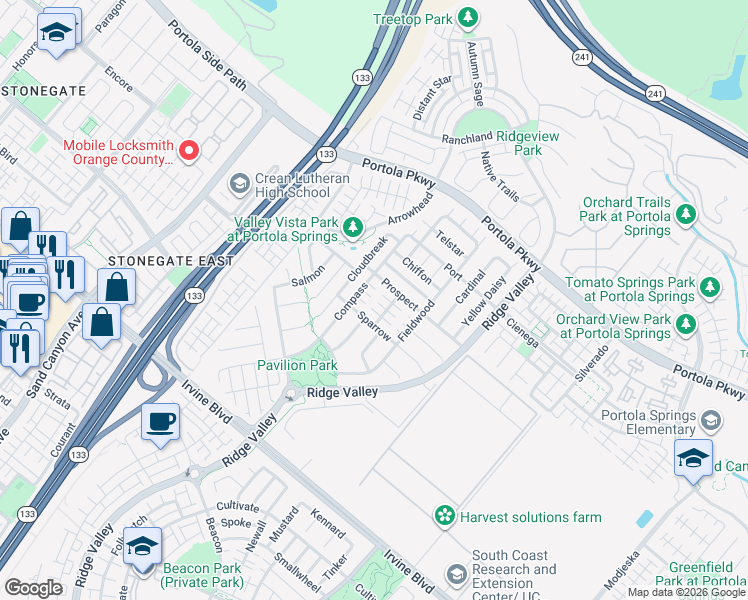 map of restaurants, bars, coffee shops, grocery stores, and more near 148 Compass in Irvine