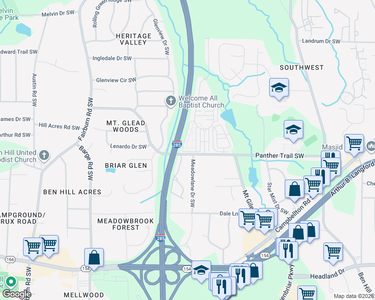 map of restaurants, bars, coffee shops, grocery stores, and more near 3537 Parc Circle Southwest in Atlanta