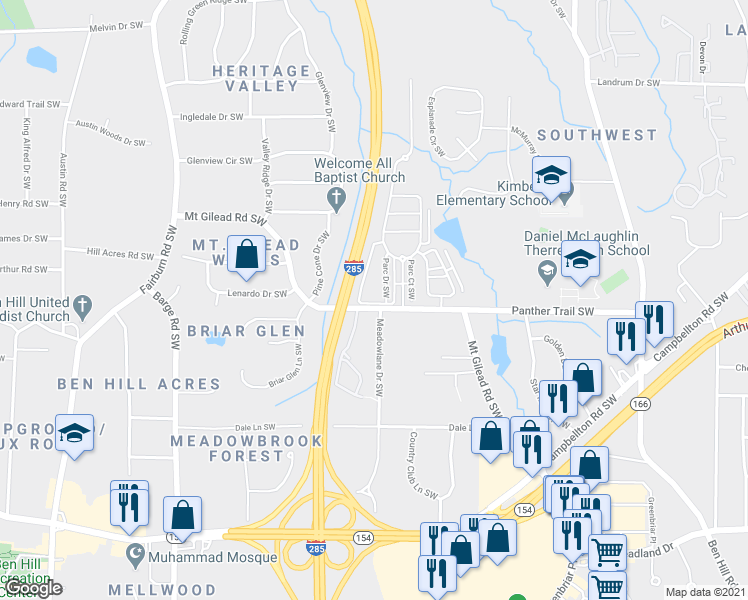 map of restaurants, bars, coffee shops, grocery stores, and more near 3513 Parc Circle Southwest in Atlanta
