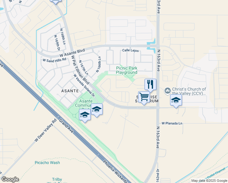 map of restaurants, bars, coffee shops, grocery stores, and more near 23670 North 165th Drive in Surprise