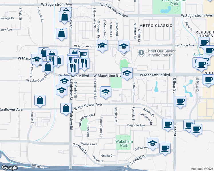 map of restaurants, bars, coffee shops, grocery stores, and more near in Santa Ana