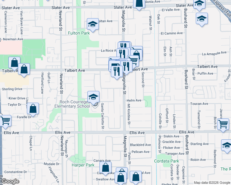 map of restaurants, bars, coffee shops, grocery stores, and more near 18186 Santa Joanana Circle in Fountain Valley