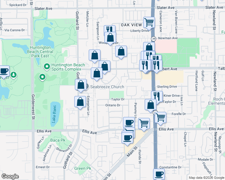 map of restaurants, bars, coffee shops, grocery stores, and more near 18292 Parkview Lane in Huntington Beach