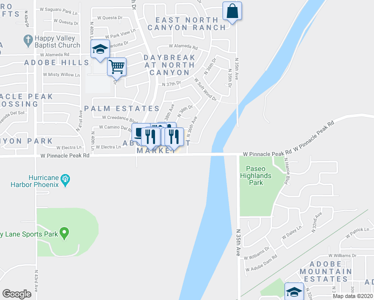 map of restaurants, bars, coffee shops, grocery stores, and more near 23427 North 36th Avenue in Glendale