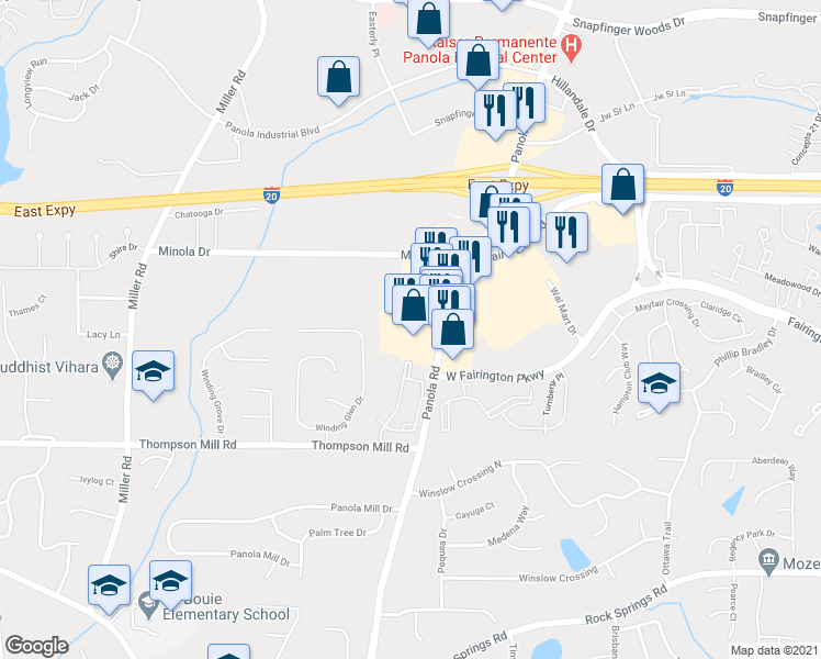 map of restaurants, bars, coffee shops, grocery stores, and more near 3045 Panola Rd in Lithonia