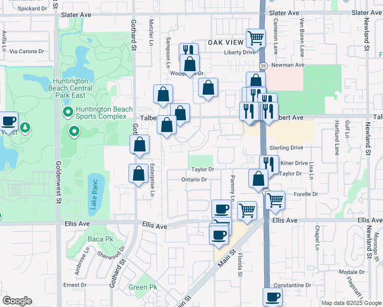 map of restaurants, bars, coffee shops, grocery stores, and more near 18292 Parkview Lane in Huntington Beach