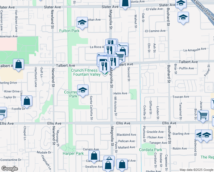 map of restaurants, bars, coffee shops, grocery stores, and more near 18162 Santa Adela Circle in Fountain Valley