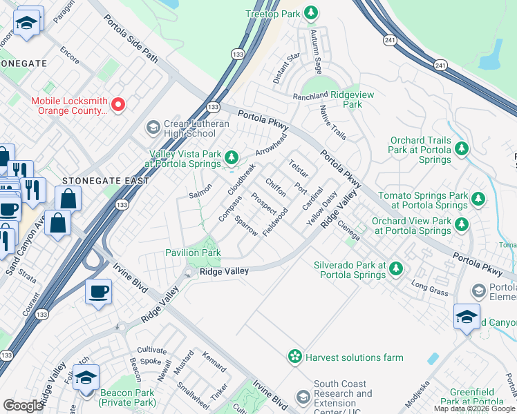 map of restaurants, bars, coffee shops, grocery stores, and more near 135 Violet Bloom in Irvine