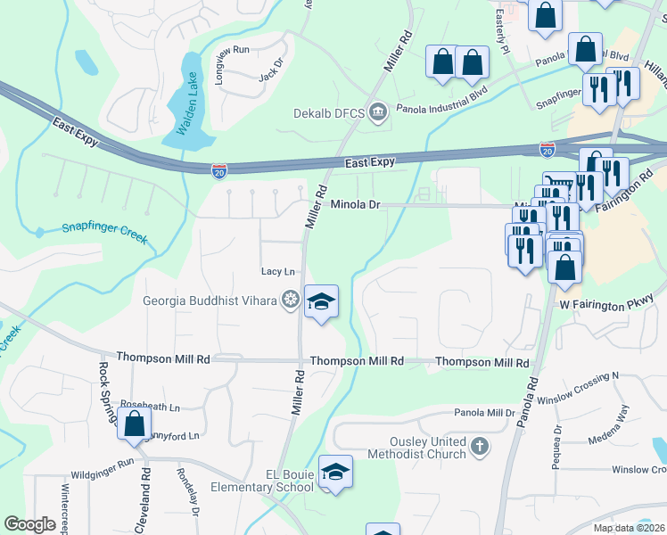 map of restaurants, bars, coffee shops, grocery stores, and more near 3092 Miller Road in Stonecrest
