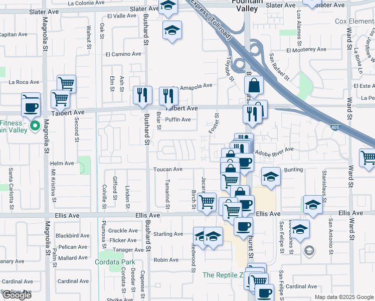 map of restaurants, bars, coffee shops, grocery stores, and more near 702 Catalpa Lane in Fountain Valley