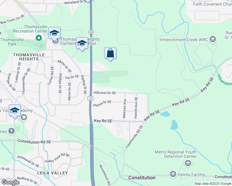 map of restaurants, bars, coffee shops, grocery stores, and more near 1100 Hillcrest Drive Southeast in Atlanta