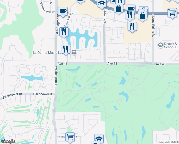 map of restaurants, bars, coffee shops, grocery stores, and more near 48130 Paso Tiempo Lane in La Quinta