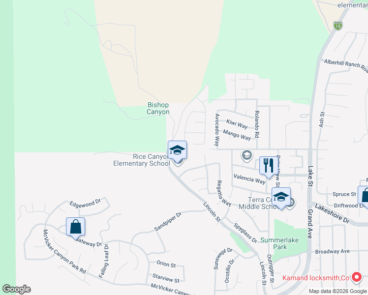 map of restaurants, bars, coffee shops, grocery stores, and more near Rice Canyon in Lake Elsinore