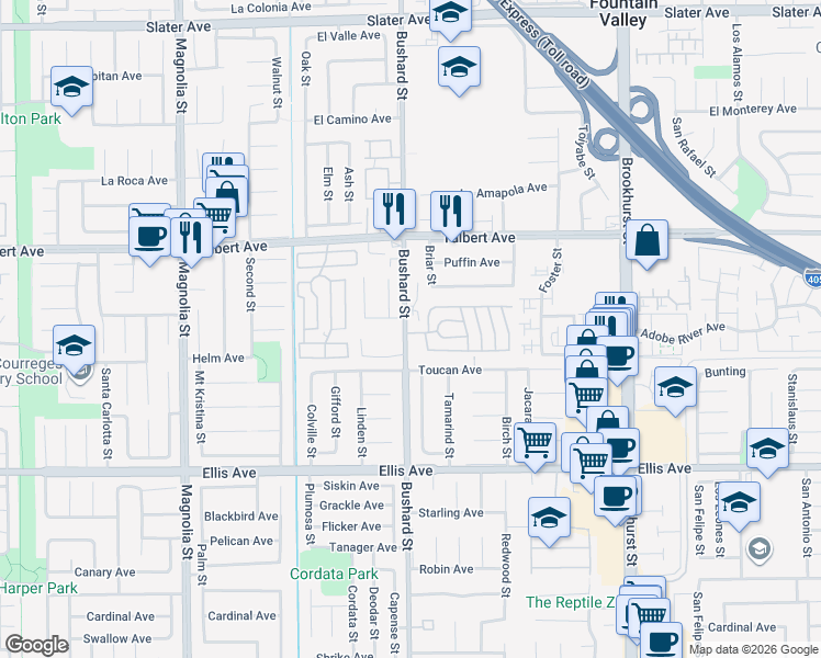 map of restaurants, bars, coffee shops, grocery stores, and more near 101 Myna Lane in Fountain Valley