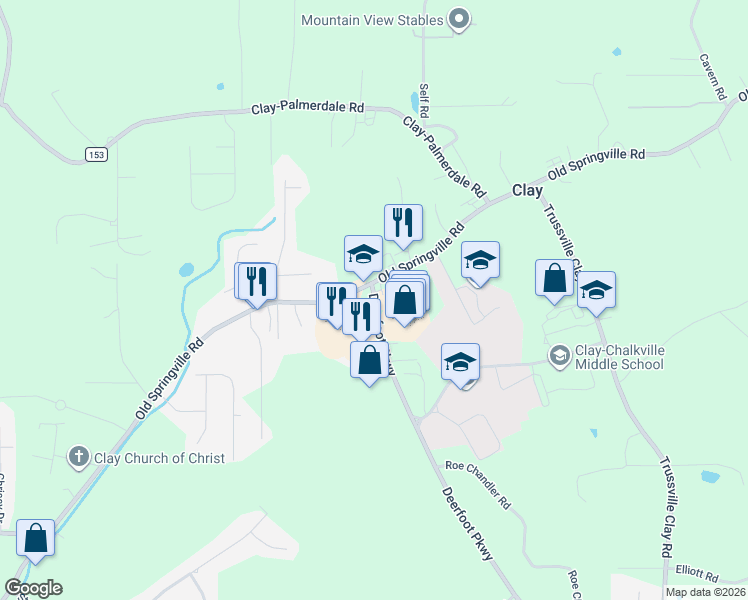 map of restaurants, bars, coffee shops, grocery stores, and more near 6690 Old Springville Road in Pinson