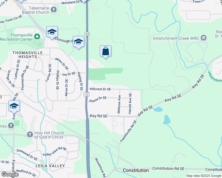 map of restaurants, bars, coffee shops, grocery stores, and more near 1100 Hillcrest Drive Southeast in Atlanta