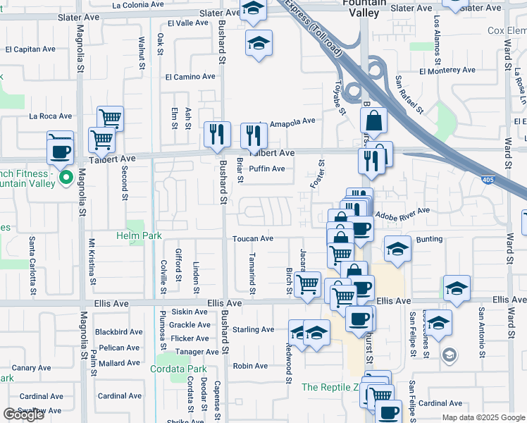 map of restaurants, bars, coffee shops, grocery stores, and more near 310 Magpie Lane in Fountain Valley