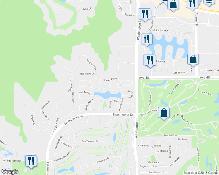 map of restaurants, bars, coffee shops, grocery stores, and more near 48221 Calle Florista in La Quinta